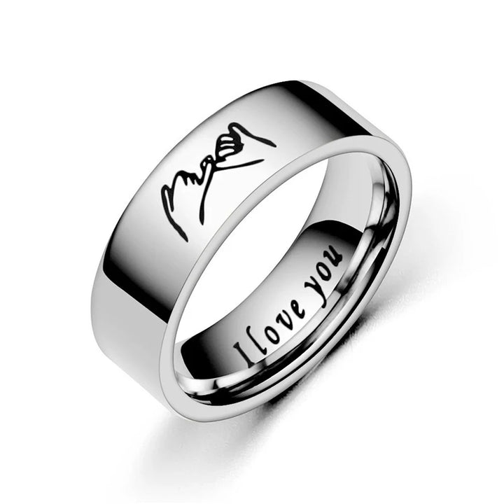 Fashionable And High-end Titanium Steel Ring Jewelry Gift For Couples Engraved With "I Love You" Letters And Hand-In-Hand Patter