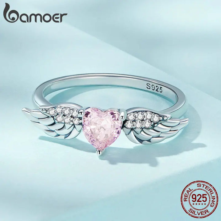 BAMOER 925 Sterling Silver Angel Wing Ring for Women Fine Jewelry Pink Heart Zircon Eternity Band Ring Wedding Gift SCR874