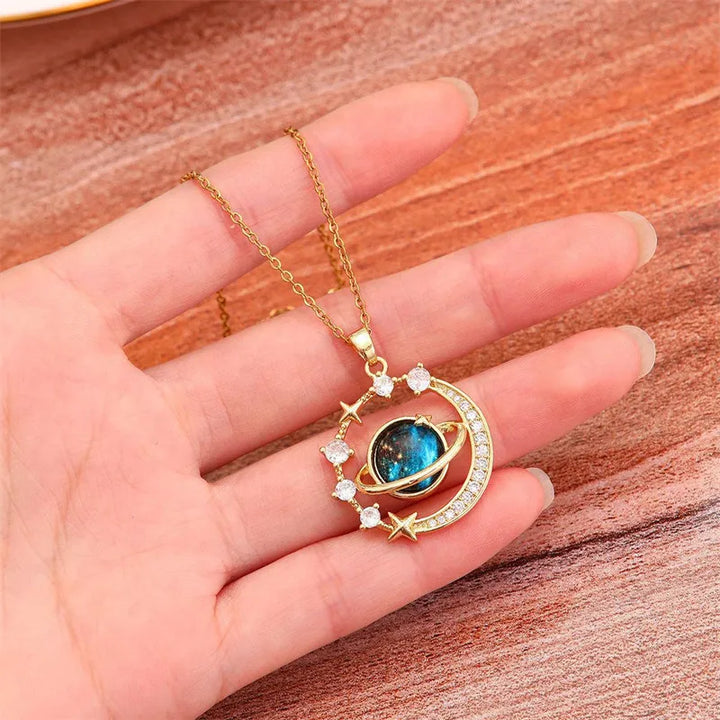 Stainless steel planet moon pendant necklace