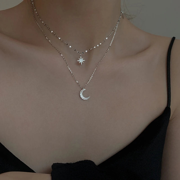 Hot S925 Silver Double Star Chain Layer Moon Clavicle Necklace Female Fashion Hip-hop Retro Unique Design Wedding Fine Jewelry