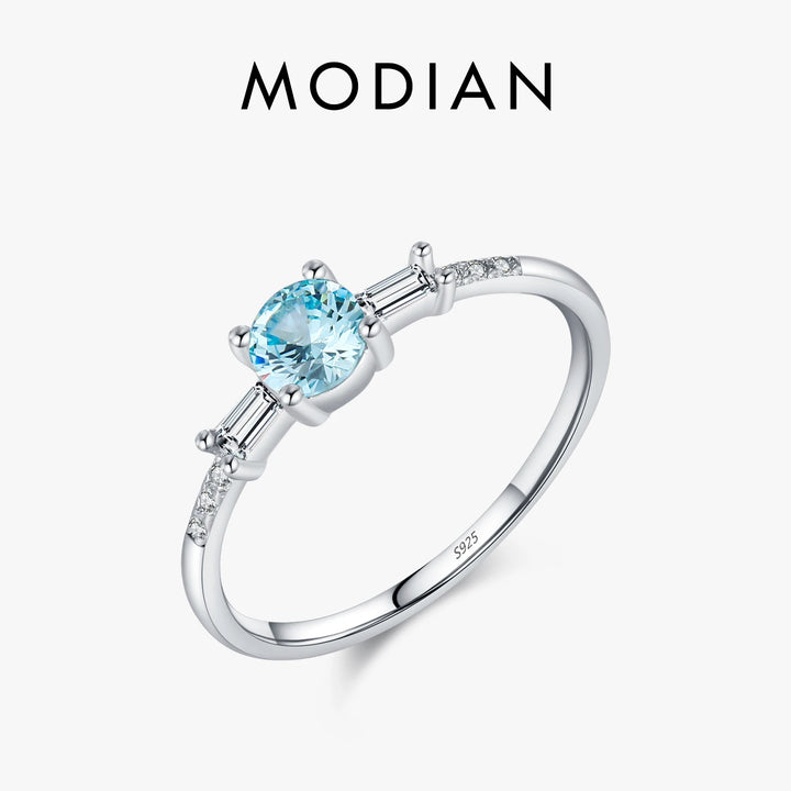 MODIAN 925 Sterling Silver Classic Round Light Blue Cubic Zirconia Rings For Women Wedding Anniversary Fine Jewelry Gifts